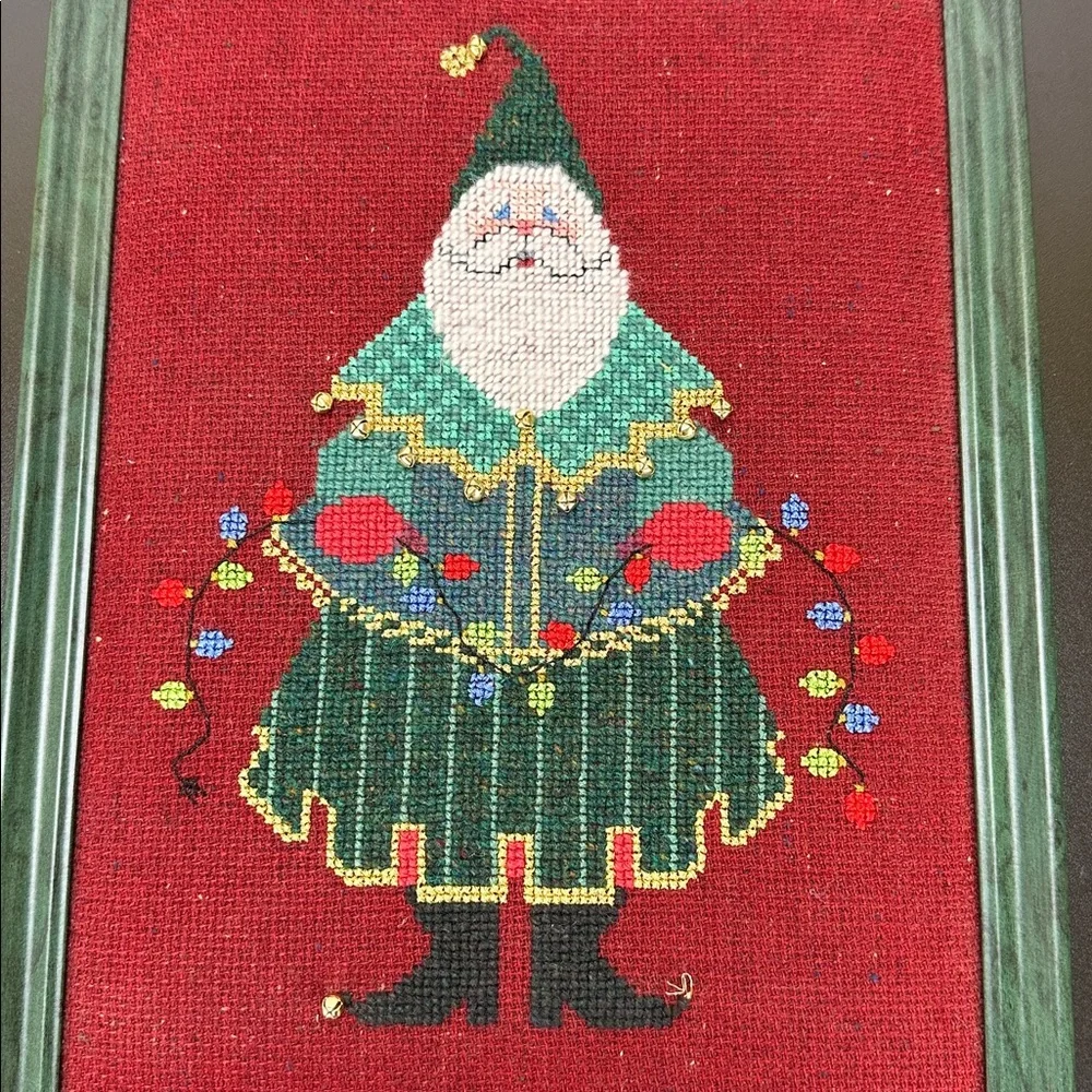 Vtg Handmade Completed Cross Stitch Santa Claus‎ Framed Art No Glass Wall Decor